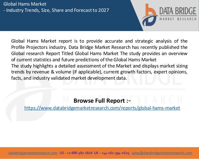 databridgemarketresearch.com US : +1-888-387-2818 UK : +44-161-394-0625 sales@databridgemarketresearch.com
1
Global Hams Market
- Industry Trends, Size, Share and Forecast to 2027
Global Hams Market report is to provide accurate and strategic analysis of the
Profile Projectors industry. Data Bridge Market Research has recently published the
Global research Report Titled Global Hams Market The study provides an overview
of current statistics and future predictions of the Global Hams Market
The study highlights a detailed assessment of the Market and displays market sizing
trends by revenue & volume (if applicable), current growth factors, expert opinions,
facts, and industry validated market development data.
Browse Full Report :-
https://www.databridgemarketresearch.com/reports/global-hams-market
 