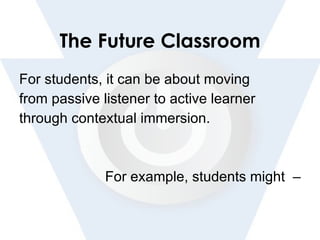 The Future Classroom For students, it can be about moving from passive listener to active learner through contextual immersion.  For example, students might  – 