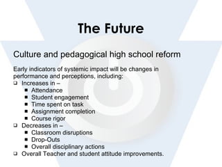The Future Culture and pedagogical high school reform  Early indicators of systemic impact will be changes in performance and perceptions, including: Increases in – Attendance Student engagement Time spent on task Assignment completion Course rigor Decreases in – Classroom disruptions Drop-Outs Overall disciplinary actions  Overall Teacher and student attitude improvements.   