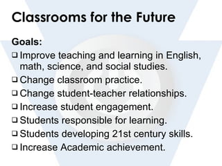 Classrooms for the Future Goals: Improve teaching and learning in English, math, science, and social studies. Change classroom practice. Change student-teacher relationships. Increase student engagement. Students responsible for learning. Students developing 21st century skills. Increase Academic achievement. 