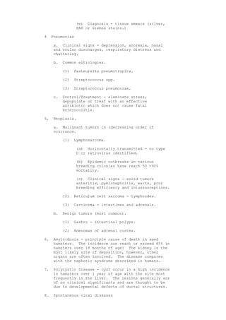 (e) Diagnosis - tissue smears (silver,
                  PAS or Giemsa stains.)

4    Pneumonias

      a. Clinical signs - depression, anorexia, nasal
      and ocular discharges, respiratory distress and
      chattering.

      b.   Common eitiologies.

           (1)   Pasteurella pneumotropica.

           (2)   Streptococcus spp.

           (3)   Streptococcus pneumoniae.

      c.   Control/Treatment - eleminate stress,
           depopulate or treat with an effective
           antibiotic which does not cause fatal
           enterocolitis.

5.    Neoplasia.

      a. Malignant tumors in (decreasing order of
      ocurrance.

           (1)   Lymphosarcoma.

                  (a) Horizontally transmitted - no type
                  C or retrovirus identified.

                  (b) Epidemic outbreaks in various
                  breeding colonies have reach 50 -90%
                  mortality.

                  (c) Clinical signs - solid tumors
                  enteritis, pyelonephritis, warts, poor
                  breeding efficiency and intussusceptions.

           (2)   Reticulum cell sarcoma - lymphnodes.

           (3)   Carcinoma - intestines and adrenals.

      b.   Benign tumors (most common).

           (1)   Gastro - intestinal polyps.

           (2)   Adenomas of adrenal cortex.

6.    Amyloidosis - principle cause of death in aged
      hamsters. The incidence can reach or exceed 85% in
      hamsters over 18 months of age: The kidney is the
      most likely site of deposition, however, other
      organs are often involved. The disease compares
      with the nephotic syndrome described in humans.

7.    Polycystic Disease - cyst occur in a high incidence
      in hamsters over 1 year of age with the site most
      frequently in the liver. The lesions generally are
      of no clinical significants and are thought to be
      due to developmental defects of ductal structures.

8.    Spontaneous viral diseases
 
