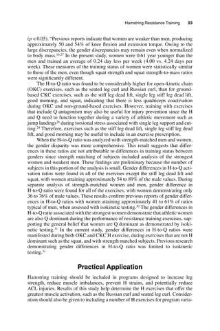Hamstring Resistance Training   93
(p < 0.05). “Previous reports indicate that women are weaker than men, producing
approximately 50 and 54% of knee flexion and extension torque. Owing to the
large discrepancies, the gender discrepancies may remain even when normalized
to body mass.16,27 In the present study, women were 0.61 year younger than the
men and trained an average of 0.24 day less per week (4.00 vs. 4.24 days per
week). These measures of the training status of women were statistically similar
to those of the men, even though squat strength and squat strength-to-mass ratios
were significantly different.
The H-to-Q ratio was found to be considerably higher for open–kinetic chain
(OKC) exercises, such as the seated leg curl and Russian curl, than for ground-
based CKC exercises, such as the stiff leg dead lift, single leg stiff leg dead lift,
good morning, and squat, indicating that there is less quadriceps coactivation
during OKC and non-ground-based exercises. However, training with exercises
that include Q antagonism may also be useful for injury prevention since the H
and Q need to function together during a variety of athletic movement such as
jump landings28 during torsional stress associated with single leg support and cut-
ting.29 Therefore, exercises such as the stiff leg dead lift, single leg stiff leg dead
lift, and good morning may be useful to include in an exercise prescription.
When the H-to-Q ratio was analyzed with strength-matched men and women,
the gender disparity was more comprehensive. This result suggests that differ-
ences in these ratios are not attributable to differences in training status between
genders since strength matching of subjects included analysis of the strongest
women and weakest men. These findings are preliminary because the number of
subjects in this portion of the analysis is small. Gender differences in H-to-Q acti-
vation ratios were found in all of the exercises except the stiff leg dead lift and
squat, with women attaining approximately 54 to 89% of the male values. During
separate analysis of strength-matched women and men, gender difference in
H-to-Q ratio were found for all of the exercises, with women demonstrating only
36 to 76% of male values. These results confirm previous reports of gender differ-
ences in H-to-Q ratios with women attaining approximately 41 to 61% of ratios
typical of men, when assessed with isokinetic testing.30 The gender differences in
H-to-Q ratio associated with the strongest women demonstrate that athletic women
are also Q dominant during the performance of resistance training exercises, sup-
porting the general belief that women are Q dominant as demonstrated by isoki-
netic testing.31 In the current study, gender differences in H-to-Q ratios were
manifested during both OKC and CKC H exercise, during exercises that are not H
dominant such as the squat, and with strength matched subjects. Previous research
demonstrating gender differences in H-to-Q ratio was limited to isokinetic
testing.31
Practical Application
Hamstring training should be included in programs designed to increase leg
strength, reduce muscle imbalances, prevent H strains, and potentially reduce
ACL injuries. Results of this study help determine the H exercises that offer the
greatest muscle activation, such as the Russian curl and seated leg curl. Consider-
ation should also be given to including a number of H exercises for program varia-
 