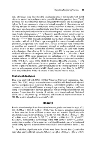 Hamstring Resistance Training   89
mm. Electrodes were placed on the longitudinal axis of the muscles with the H
electrode located halfway between the gluteal fold and the popliteal fossa. The Q
electrode was placed halfway between the greater trochanter and medial epicon-
dyle of the femur. A common reference electrode was placed 10 mm anterior and
halfway between the medial condyle and medial malleolus of the tibia. Electrode
placement was chosen to assess biarticular knee flexor and extensor muscles simi-
lar to methods previously used in studies that compared variations of closed and
open–kinetic chain exercises.19,25 Furthermore, quantification of hamstring activa-
tion has frequently been studied using one electrode on either the belly or biceps
femoris.3,15,22,25,26 Skin preparation included shaving hair, abrading, and cleaning
the surface with alcohol. Elastic tape was applied to ensure electrode and cable
placement, and provide cable strain relief. Surface electrodes were connected to
an amplifier and streamed continuously through an analog-to-digital converter
(Delsys Inc.) to an IBM-compatible notebook computer. All data were filtered
with a bandpass filter allowing 10 Hz high pass and 450 Hz low pass, saved, and
analyzed with the use of computer software (EMGworks 3.1, Delsys Inc.). Root
mean square EMG signal processing was calculated over a 125-ms moving
window and used on all EMG data for the duration of the exercise and normalized
to the RMS EMG signal of the MVIC to determine H and Q activation, H-to-Q
activation ratios, performance between genders, and to evaluate results with
respect to previous research. Data were analyzed for the second repetition of each
exercise and compared with the MVIC of each muscle group. Data for the MVIC
were analyzed for the 3rd to 4th second of the 5-second muscle action.
Statistical Analyses
Data were analyzed with SPSS 16.0 for Windows (Microsoft Corporation, Red-
mond, WA, USA) using a repeated-measures ANOVA with Bonferroni adjusted
pairwise comparisons of significant findings. Independent samples t tests were
conducted to determine differences in strength, age, training frequency, and ham-
string-to-quadriceps ratios between genders as well as strength-matched men and
women. Assumptions for linearity of statistics were tested and met. Statistical
effect size (d) and power (2) are reported, and all data are expressed as means ±
SD. The a priori alpha level was set at P < .05.
Results
Results reveal no significant interaction between gender and exercise type, F(5,
33) = 0.355, p = 0.88, d = 0.14, 2 = 0.01. Thus, the muscle activation in response
to these exercises is not different between men and women. Significant main
effects for exercise type were found for the H, F(5, 33) = 65.04, p = 0.00, d = 1.00,
2 = 0.66, as well as for the Q, F(5, 33) = 69.94, p = 0.00, d = 1.00, 2= 0.697,
RMS EMG normalized as a percentage of the RMS EMG of the MVIC, demon-
strating that a number of these exercises result in different degrees of activation of
the H and Q. Specific difference between exercises are described in Tables 2 and
3.
In addition, significant main effects were found for the H-to-Q activation
ratio when analyzed for all subjects, F(5, 33) = 21.26, p = 0.00, d = 1.00, 2 = 0.39,
 