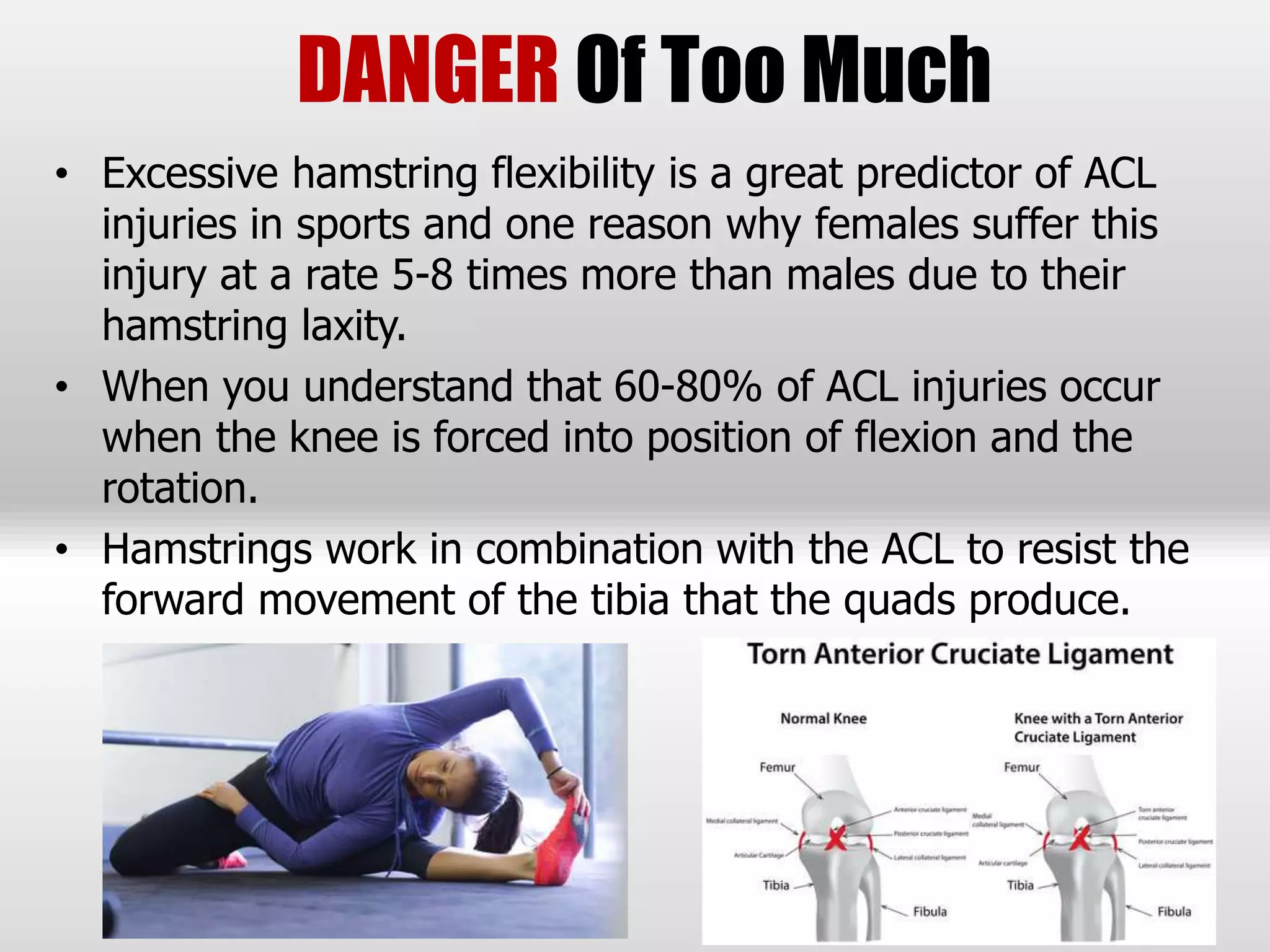 DANGER Of Too Much
• Excessive hamstring flexibility is a great predictor of ACL
injuries in sports and one reason why females suffer this
injury at a rate 5-8 times more than males due to their
hamstring laxity.
• When you understand that 60-80% of ACL injuries occur
when the knee is forced into position of flexion and the
rotation.
• Hamstrings work in combination with the ACL to resist the
forward movement of the tibia that the quads produce.
 