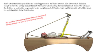 A	
  very	
  safe	
  and	
  simple	
  way	
  to	
  stretch	
  the	
  hamstring	
  group	
  is	
  on	
  the	
  Pilates	
  reformer.	
  Start	
  with	
  medium	
  resistance,	
  
enough	
  to	
  move	
  the	
  carriage	
  away	
  and	
  stretch	
  the	
  muscles	
  without	
  pulling	
  the	
  hip	
  into	
  too	
  much	
  ﬂexion.	
  This	
  will	
  cause	
  
the	
  stretchee	
  to	
  contract	
  the	
  very	
  muscles	
  we	
  are	
  trying	
  to	
  stretch.	
  If	
  the	
  other	
  leg	
  is	
  kept	
  horizontal,	
  it	
  will	
  hold	
  the	
  pelvis	
  
in	
  a	
  neutral	
  posi&on	
  via	
  hip	
  ﬂexor	
  tension.	
  
Put	
  your	
  foot	
  in	
  the	
  strap	
  and	
  take	
  the	
  leg	
  to	
  the	
  point	
  of	
  
tension-­‐around	
  5	
  or	
  6	
  out	
  of	
  10	
  in	
  terms	
  of	
  intensity	
  
 