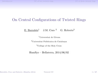 Introduction CC of two twisted rings CC of three twisted rings
On Central Conﬁgurations of Twisted Rings
E. Barrab´es1
J.M. Cors 2
G. Roberts3
1
Universitat de Girona
2
Universitat Polit`ecnica de Catalunya
3
College of the Holy Cross
HamSys – Bellaterra, 2014/06/02
Barrab´es, Cors and Roberts (HamSys 2014) Twisted CC 1 / 27
 
