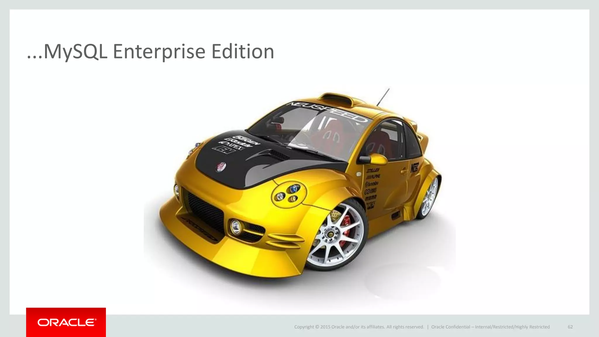 Copyright © 2015 Oracle and/or its affiliates. All rights reserved. | Oracle Confidential – Internal/Restricted/Highly Restricted 62
...MySQL Enterprise Edition
 