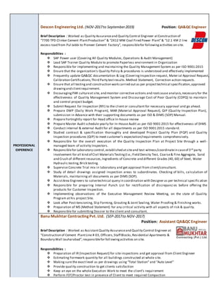 PROFESSIONAL
EXPERIENCE
Descon Engineering Ltd. (NOV-2017to September2019) Position: QA&QC Engineer
Brief Description : Worked as Quality Assuranceand Quality Control Engineer atConstruction of
“7700 TPD Clinker Cement PlantProduction” & “2X12 MW Coal Fired Power Plant”& “12.1 KM 2 line
excess road from Pul Jabbi to Pioneer Cement Factory”, responsiblefor followingactivities on site.
Responsibilities :
 SAP Power user (Covering All Quality Modules, Operations & Audit Management)
 Lead SAP Trainer Quality Module to promote Paperless environment in Organization
 Responsible for implementing and maintaining the Quality Management System as per ISO 9001:2015
 Ensure that the organization's Quality Policy & procedures is understood and effectively implemented
 Frequently update QA&QC documentation & Log (CoveringInspection request, Material Approval Request,
Calibration Certifications,Third Party test results.Method Statement, Correction action requests.
 Ensure that all testingand construction work carried out as per projecttechnical specification,approved
drawingand clientrequirement.
 EncouragingPAR cultureat site, and monitor corrective actions and rootcause analysis,necessary for the
effectiveness of Quality Management System and Discourage Cost of Poor Quality (COPQ) to maintain
and control project budget.
 Submit Request for Inspection (RFI) to the client or consultant for necessary approval and go ahead.
 Prepare DWP (Daily Work Program), MAR (Material Approval Request), QIP (Quality Inspection Plan),
submission in Advance with their supporting documents as per ISO & DIMS (SOP) Manual.
 Prepare Fortnightly report for Head office In-house review
 Prepare Master Audit schedule yearly for In-House Audit as per ISO 9001:2015 for effectiveness of DIMS
 Conduct internal & external Audit for all departments as per ISO 9001:2015 standard.
 Studied contract & specification thoroughly and developed Project Quality Plan (PQP) and Quality
Inspection procedures (QIP) to meet customer’s expectation/requirements comprehensively.
 Responsible for the overall execution of the Quality Inspection Plan at Project Site through a well-
managed team of activity Inspectors.
 Responsiblefor Laboratory control,established atsiteand test witness/coordinatein caseof 3rd party
involvement for all kind of Civil MaterialsTesting(I.e.; Field Density Test, Coarse& Fine Aggregate, Sand
and Crush of different resources,Ingredients of Concrete and different Grades (40, 60) of Steel, Water
Hydraulic testing,Brick testing.
 Supervise Concrete Trial mix in laboratory and get approval from client/consultant.
 Study of detail drawings assigned inspection areas to subordinates. Checking of bills, calculation of
Materials, maintaining all documents as per DIMS (SOP).
 AssistArea Engineers to solvetechnical query in coordination with Designer as per technical specification
 Responsible for preparing Internal Punch List for rectification of discrepancies before offering the
products for Customer Inspection.
 Implementing observations of the Executive Management Review Meeting, on the state of Quality
Program at his project Site.
 Look after Post-tensioning, Slip Forming, Grouting & Joint Sealing, Water Proofing & Finishing works.
 Preparation of MS (Method Statement) for any critical activity with all aspects of risk & quality.
 Responsible for submitting Dossier to the client and consultant.
Banu Mukhtar Contracting Pvt. Ltd. (SEP-2017to NOV-2017)
Position: Assistant QA&QC Engineer
Brief Description : Worked as AssistantQuality Assuranceand Quality Control Engineer at
“Construction of Cement PlantLine # 03, Officers,Staff Blocks,Residential Apartments &
Boundary Wall Jauharabad”,responsiblefor followingactivities on site.
Responsibilities :
 Preparation of IR (Inspection Request) for site inspections and get approval from Client Engineer
 Estimating Formwork quantity for all buildings constructed at whole site.
 Making sure the exact level as per drawings using “Total Station” and “Auto Level”
 Provide quality construction to get clients satisfaction
 Keep an eye on the whole Execution Work to meet the client’s requirement
 Perform FDT/Proctor test in presence of Client to meet required Compaction
 