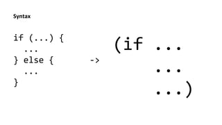 Syntax	
  
if	
  (...)	
  {	
  
	
  	
  ...	
  
}	
  else	
  {	
  	
  	
  	
  	
  	
  	
  -­‐>	
  
	
  	
  ...	
  	
  
}	
  
	
  
(if	
  ...	
  
	
  	
  	
  	
  ...	
  
	
  	
  	
  	
  ...)	
  
 