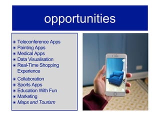 ๏ Teleconference Apps
๏ Painting Apps
๏ Medical Apps
๏ Data Visualisation
๏ Real-Time Shopping
Experience
๏ Collaboration
๏ Sports Apps
๏ Education With Fun
๏ Marketing
๏ Maps and Tourism
opportunities
 
