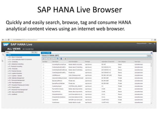SAP HANA Live Browser
Quickly and easily search, browse, tag and consume HANA
analytical content views using an internet web browser.
 