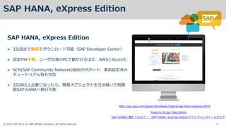 ? 2016 SAP SE or an SAP affiliate company. All rights reserved. 25
SAP HANA, eXpress Edition
SAP HANA, eXpress Edition
? 32GB o  `  SAP Developer Center
? JHWҪ `  PC  AWS Azure
? SCN(SAP Community Network)U ` ǰOg
`  
? 32GBϱҪ _k  @ Ѓ
SAP HANAп
http://go.sap.com/japan/developer/topics/sap-hana-express.html
Feature Scope Description
SAP HANA   SAP HANA, express edition   `
 