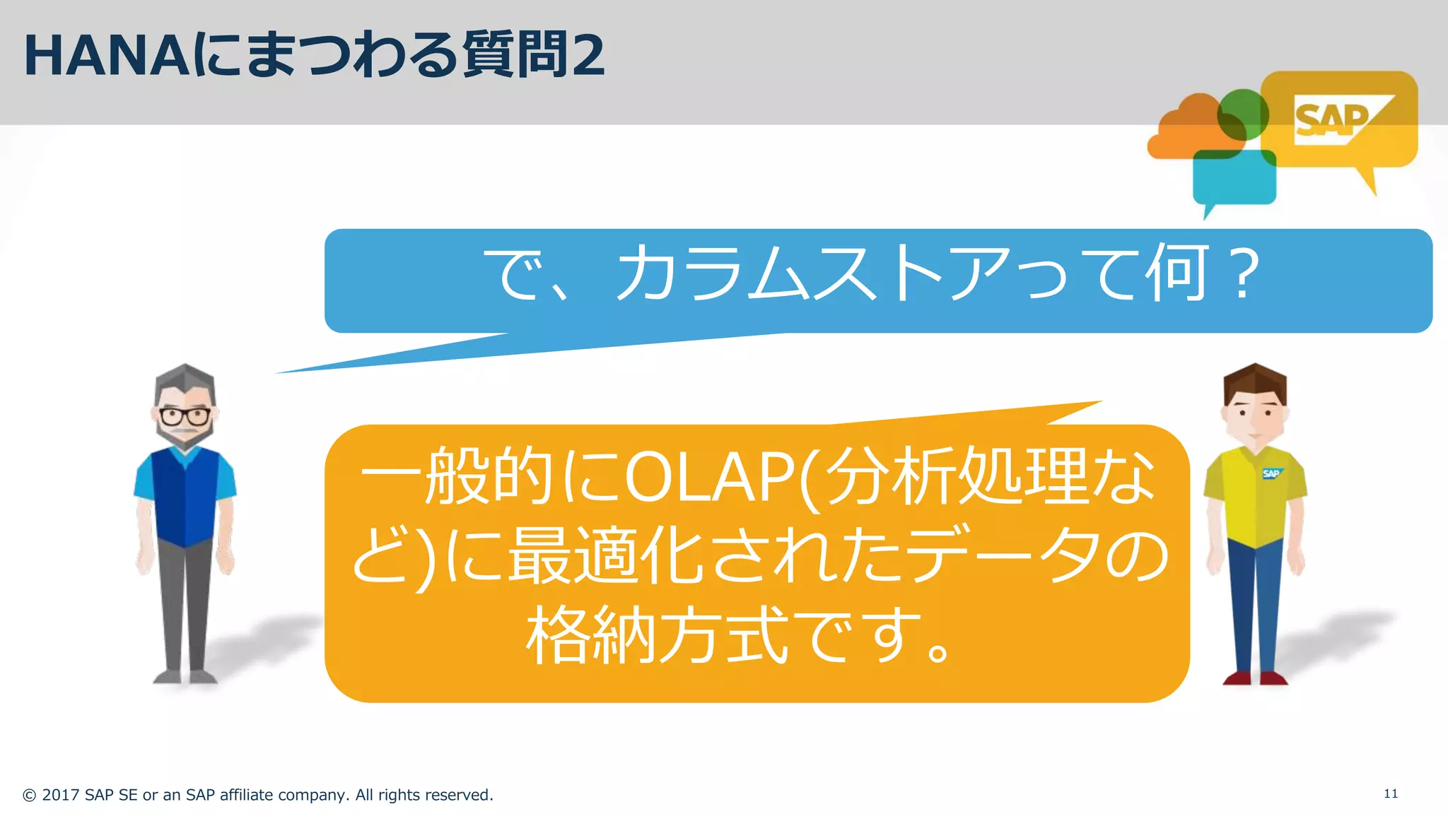 © 2017 SAP SE or an SAP affiliate company. All rights reserved. 11
HANAにまつわる質問2
⼀般的にOLAP(分析処理な
ど)に最適化されたデータの
格納⽅式です。
で、カラムストアって何？
 