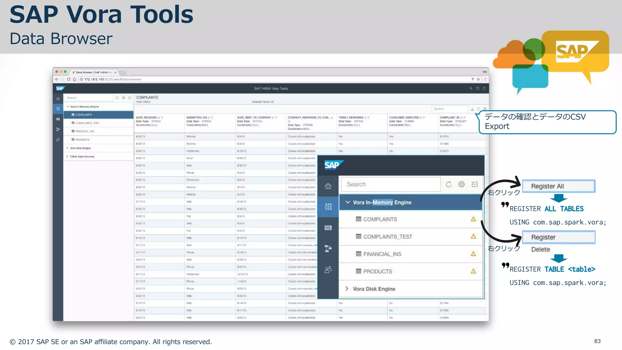 © 2017 SAP SE or an SAP affiliate company. All rights reserved. 83
データの確認とデータのCSV
Export
REGISTER ALL TABLES
USING com.sap.spark.vora;
REGISTER TABLE <table>
USING com.sap.spark.vora;
右クリック
右クリック
SAP Vora Tools
Data Browser
 