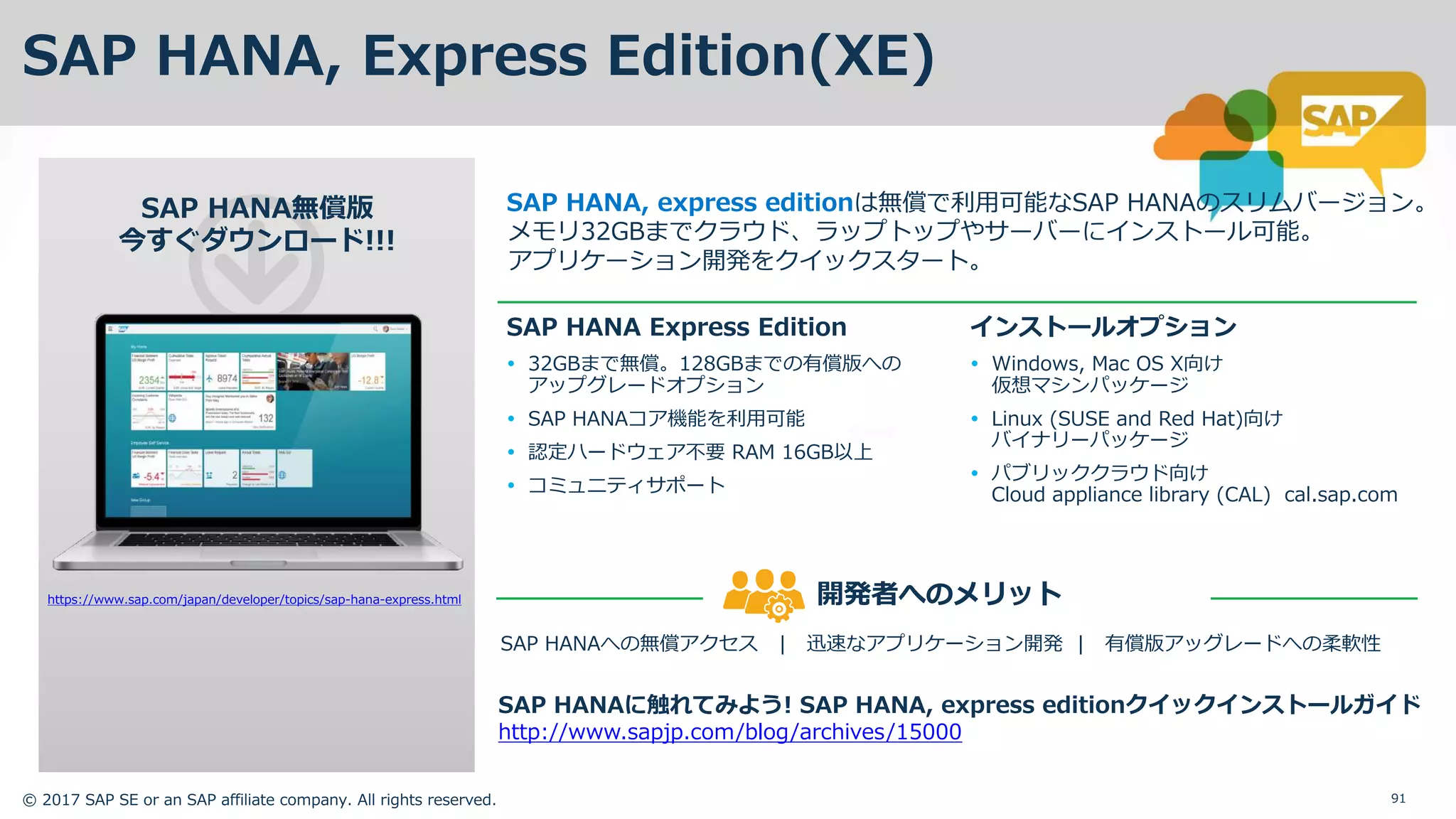 © 2017 SAP SE or an SAP affiliate company. All rights reserved. 91
インストールオプション
Ÿ Windows, Mac OS X向け
仮想マシンパッケージ
Ÿ Linux (SUSE and Red Hat)向け
バイナリーパッケージ
Ÿ パブリッククラウド向け
Cloud appliance library (CAL) cal.sap.com
SAP HANA, express editionは無償で利⽤可能なSAP HANAのスリムバージョン。
メモリ32GBまでクラウド、ラップトップやサーバーにインストール可能。
アプリケーション開発をクイックスタート。
SAP HANA無償版
今すぐダウンロード!!!
SAP HANA Express Edition
Ÿ 32GBまで無償。128GBまでの有償版への
アップグレードオプション
Ÿ SAP HANAコア機能を利⽤可能
Ÿ 認定ハードウェア不要 RAM 16GB以上
Ÿ コミュニティサポート
SAP HANAへの無償アクセス | 迅速なアプリケーション開発 | 有償版アッグレードへの柔軟性
開発者へのメリット
SAP HANAに触れてみよう! SAP HANA, express editionクイックインストールガイド
http://www.sapjp.com/blog/archives/15000
https://www.sap.com/japan/developer/topics/sap-hana-express.html
SAP HANA, Express Edition(XE)
 