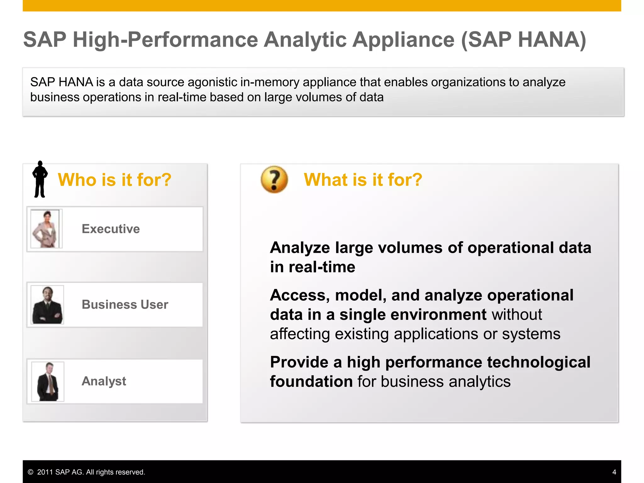 SAP High-Performance Analytic Appliance (SAP HANA)SAP HANA is a data source agonistic in-memory appliance that enables organizations to analyze business operations in real-time based on large volumes of data Who is it for?	Analyst	Business User	ExecutiveAnalyze large volumes of operational data in real-timeAccess, model, and analyze operational data in a single environment without affecting existing applications or systemsProvide a high performance technological foundation for business analyticsWhat is it for?
