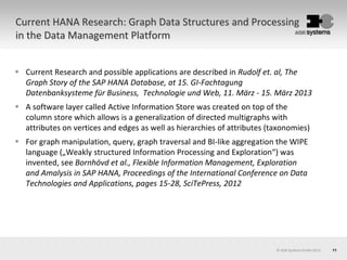 11© AOK Systems GmbH 2013
Current HANA Research: Graph Data Structures and Processing
in the Data Management Platform
 Current Research and possible applications are described in Rudolf et. al, The
Graph Story of the SAP HANA Database, at 15. GI-Fachtagung
Datenbanksysteme für Business, Technologie und Web, 11. März - 15. März 2013
 A software layer called Active Information Store was created on top of the
column store which allows is a generalization of directed multigraphs with
attributes on vertices and edges as well as hierarchies of attributes (taxonomies)
 For graph manipulation, query, graph traversal and BI-like aggregation the WIPE
language („Weakly structured Information Processing and Exploration“) was
invented, see Bornhövd et al., Flexible Information Management, Exploration
and Amalysis in SAP HANA, Proceedings of the International Conference on Data
Technologies and Applications, pages 15-28, SciTePress, 2012
 
