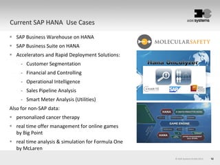 12© AOK Systems GmbH 2013
Current SAP HANA Use Cases
 SAP Business Warehouse on HANA
 SAP Business Suite on HANA
 Accelerators and Rapid Deployment Solutions:
- Customer Segmentation
- Financial and Controlling
- Operational Intelligence
- Sales Pipeline Analysis
- Smart Meter Analysis (Utilities)
Also for non-SAP data:
 personalized cancer therapy
 real time offer management for online games
by Big Point
 real time analysis & simulation for Formula One
by McLaren
 
