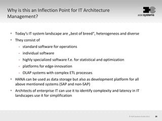 20© AOK Systems GmbH 2013
Why is this an Inflection Point for IT Architecture
Management?
 Today‘s IT system landscape are „best of breed“, heterogeneos and diverse
 They consist of
- standard software for operations
- individual software
- highly specialized software f.e. for statistical and optimization
- platforms for edge-innovation
- OLAP systems with complex ETL processes
 HANA can be used as data storage but also as development platform for all
above mentioned systems (SAP and non-SAP)
 Architects of enterprise IT can use it to identify complexity and latency in IT
landscapes use it for simplification
 