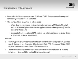 21© AOK Systems GmbH 2013
Complexity in IT Landscapes
 Enterprise Architecture separated OLAP and OLTP. This produces latency and
complexity because of ETL szenarios
 The same pattern is applied in other cases:
- often data in mainframe systems is replicated from VSAM data files/IMS
into an RDBMS to give client-server applications or other systems (OMS f.e.)
access to those data
- even data from operational SAP system are often replicated to avoid direct
access from external applications
Remark:
1. From my point of view service orientation couldn‘t solve this problem. Studies
(see D. Krafzig et al., Enterprise SOA, Prentice Hall PTR, Eaglewood Cliffs, 2006)
say, that the overall reuse factor of a service is 1.6
2. I don‘t know much scientific work about metrics of IT Landscapes & reasons
for latency – this could be topic of thorough research
 