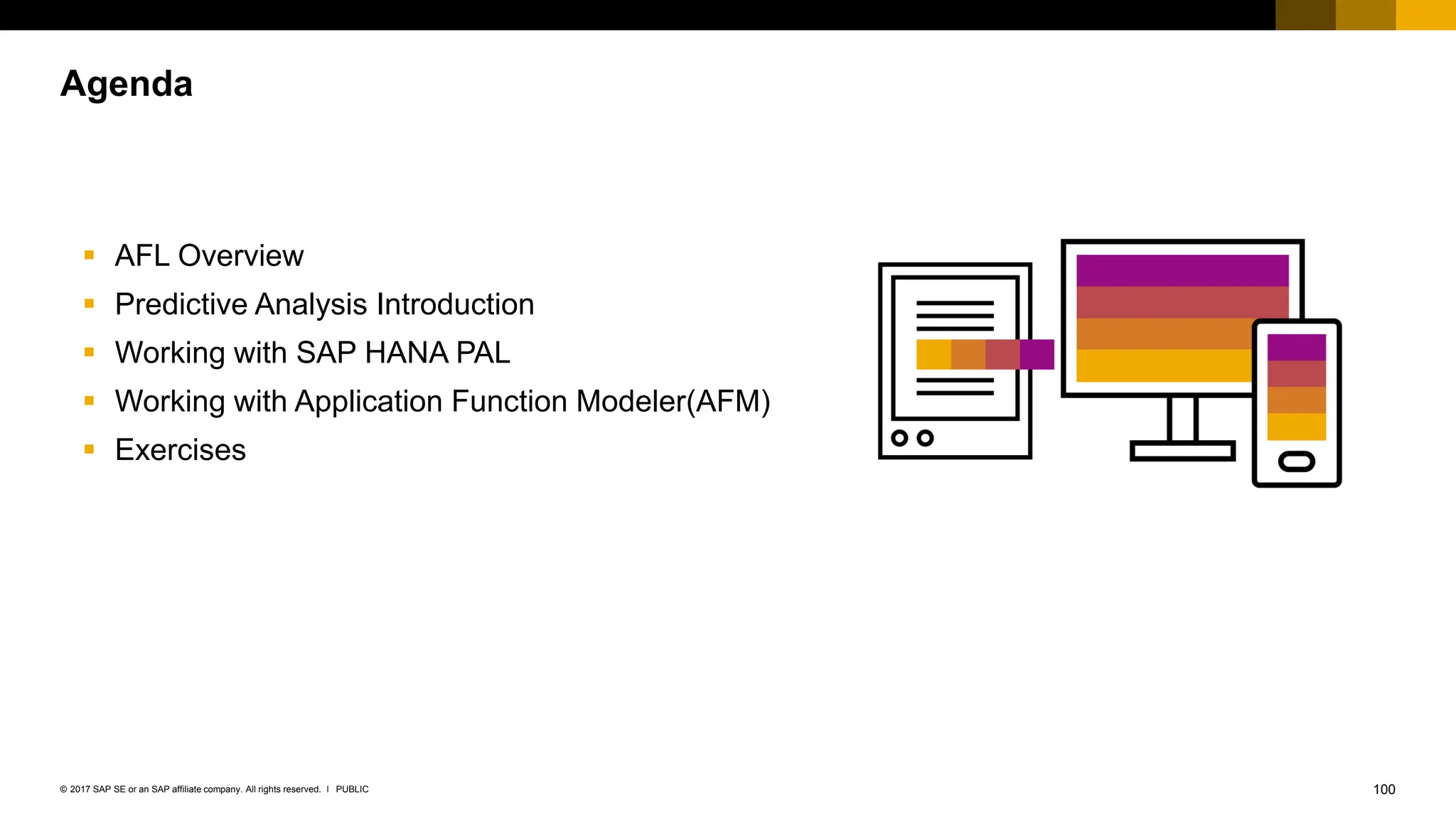 100
PUBLIC
© 2017 SAP SE or an SAP affiliate company. All rights reserved. ǀ
▪ AFL Overview
▪ Predictive Analysis Introduction
▪ Working with SAP HANA PAL
▪ Working with Application Function Modeler(AFM)
▪ Exercises
Agenda
 