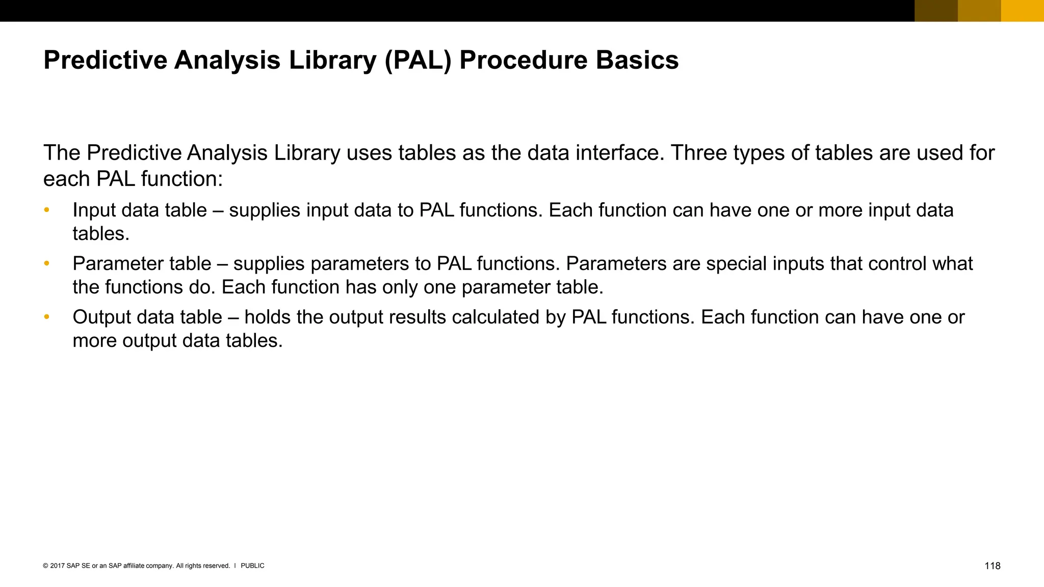 118
PUBLIC
© 2017 SAP SE or an SAP affiliate company. All rights reserved. ǀ
Predictive Analysis Library (PAL) Procedure Basics
The Predictive Analysis Library uses tables as the data interface. Three types of tables are used for
each PAL function:
• Input data table – supplies input data to PAL functions. Each function can have one or more input data
tables.
• Parameter table – supplies parameters to PAL functions. Parameters are special inputs that control what
the functions do. Each function has only one parameter table.
• Output data table – holds the output results calculated by PAL functions. Each function can have one or
more output data tables.
 
