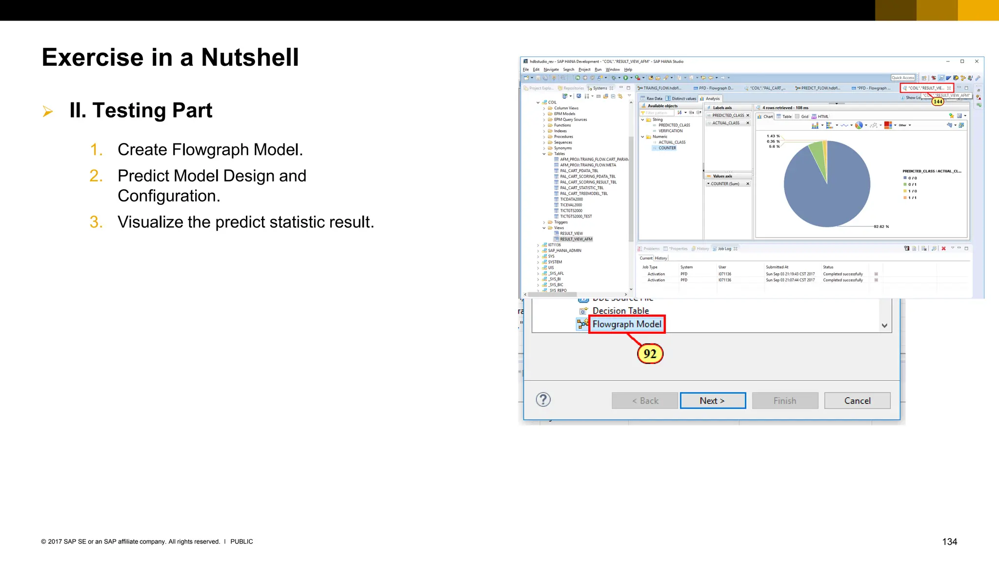 134
PUBLIC
© 2017 SAP SE or an SAP affiliate company. All rights reserved. ǀ
Exercise in a Nutshell
➢ II. Testing Part
1. Create Flowgraph Model.
2. Predict Model Design and
Configuration.
3. Visualize the predict statistic result.
 