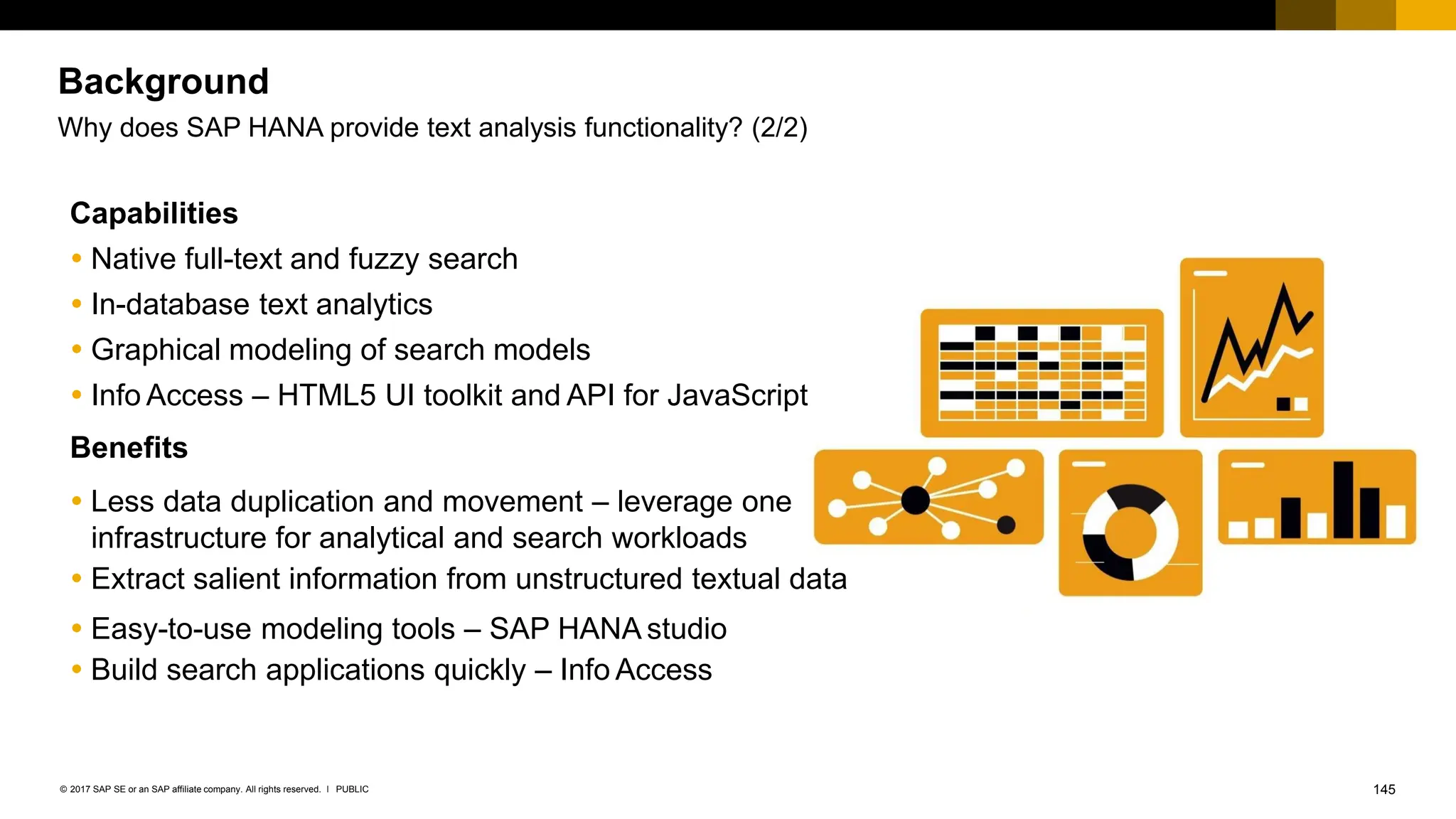 145
PUBLIC
© 2017 SAP SE or an SAP affiliate company. All rights reserved. ǀ
Capabilities
 Native full-text and fuzzy search
 In-database text analytics
 Graphical modeling of search models
 Info Access – HTML5 UI toolkit and API for JavaScript
Benefits
 Less data duplication and movement – leverage one
infrastructure for analytical and search workloads
 Extract salient information from unstructured textual data
 Easy-to-use modeling tools – SAP HANA studio
 Build search applications quickly – Info Access
Background
Why does SAP HANA provide text analysis functionality? (2/2)
 