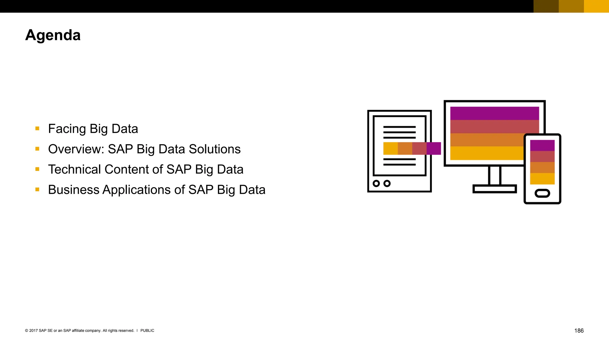 186
PUBLIC
© 2017 SAP SE or an SAP affiliate company. All rights reserved. ǀ
▪ Facing Big Data
▪ Overview: SAP Big Data Solutions
▪ Technical Content of SAP Big Data
▪ Business Applications of SAP Big Data
Agenda
 