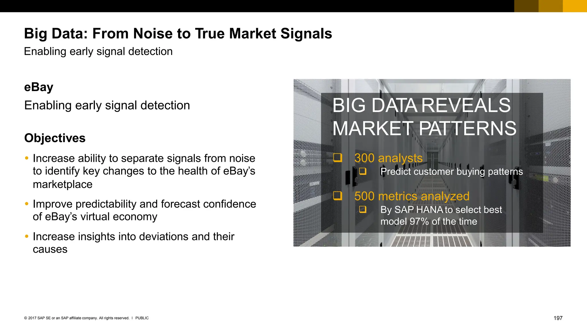 197
PUBLIC
© 2017 SAP SE or an SAP affiliate company. All rights reserved. ǀ
Big Data: From Noise to True Market Signals
Enabling early signal detection
BIG DATA REVEALS
MARKET PATTERNS
 300 analysts
 Predict customer buying patterns
 500 metrics analyzed
 By SAP HANA to select best
model 97% of the time
eBay
Enabling early signal detection
Objectives
 Increase ability to separate signals from noise
to identify key changes to the health of eBay’s
marketplace
 Improve predictability and forecast confidence
of eBay’s virtual economy
 Increase insights into deviations and their
causes
 