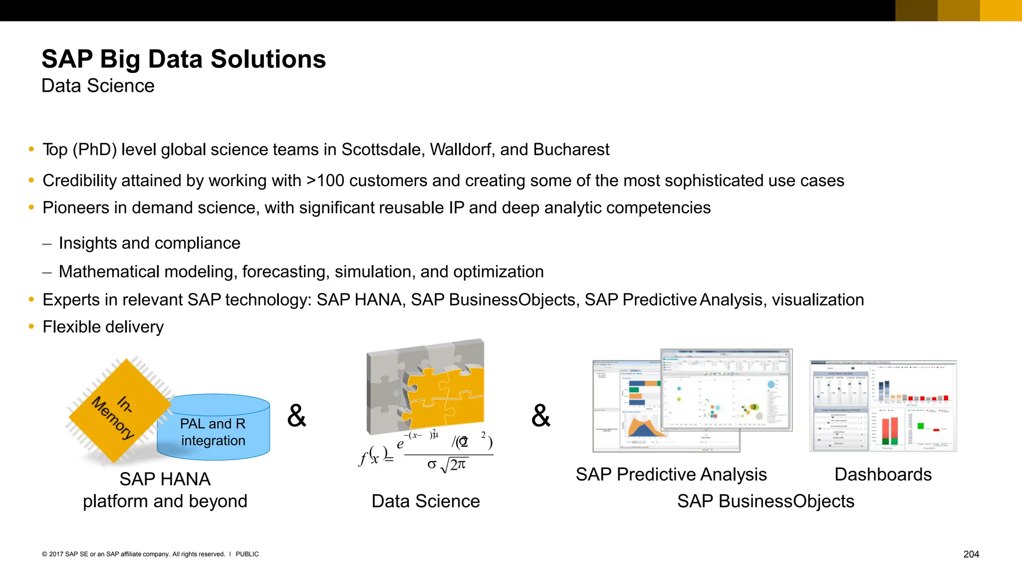 204
PUBLIC
© 2017 SAP SE or an SAP affiliate company. All rights reserved. ǀ
 T
op (PhD) level global science teams in Scottsdale, Walldorf, and Bucharest
 Credibility attained by working with >100 customers and creating some of the most sophisticated use cases
 Pioneers in demand science, with significant reusable IP and deep analytic competencies
– Insights and compliance
– Mathematical modeling, forecasting, simulation, and optimization
 Experts in relevant SAP technology: SAP HANA, SAP BusinessObjects, SAP PredictiveAnalysis, visualization
 Flexible delivery
SAP HANA
platform and beyond Data Science SAP BusinessObjects
SAP Predictive Analysis Dashboards
PAL and R & &
integration
 


2
/(2 )
( )
f x 
e
(x )2
2
SAP Big Data Solutions
Data Science
 