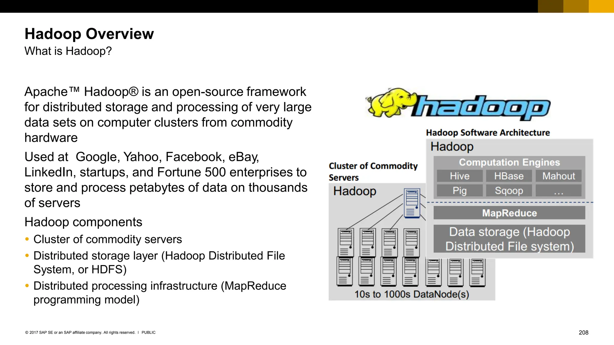 208
PUBLIC
© 2017 SAP SE or an SAP affiliate company. All rights reserved. ǀ
Apache™ Hadoop® is an open-source framework
for distributed storage and processing of very large
data sets on computer clusters from commodity
hardware
Used at Google, Yahoo, Facebook, eBay,
LinkedIn, startups, and Fortune 500 enterprises to
store and process petabytes of data on thousands
of servers
Hadoop components
 Cluster of commodity servers
 Distributed storage layer (Hadoop Distributed File
System, or HDFS)
 Distributed processing infrastructure (MapReduce
programming model)
Hadoop Overview
What is Hadoop?
 