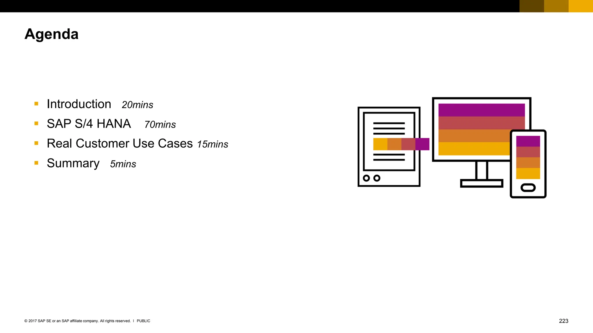 223
PUBLIC
© 2017 SAP SE or an SAP affiliate company. All rights reserved. ǀ
▪ Introduction 20mins
▪ SAP S/4 HANA 70mins
▪ Real Customer Use Cases 15mins
▪ Summary 5mins
Agenda
 