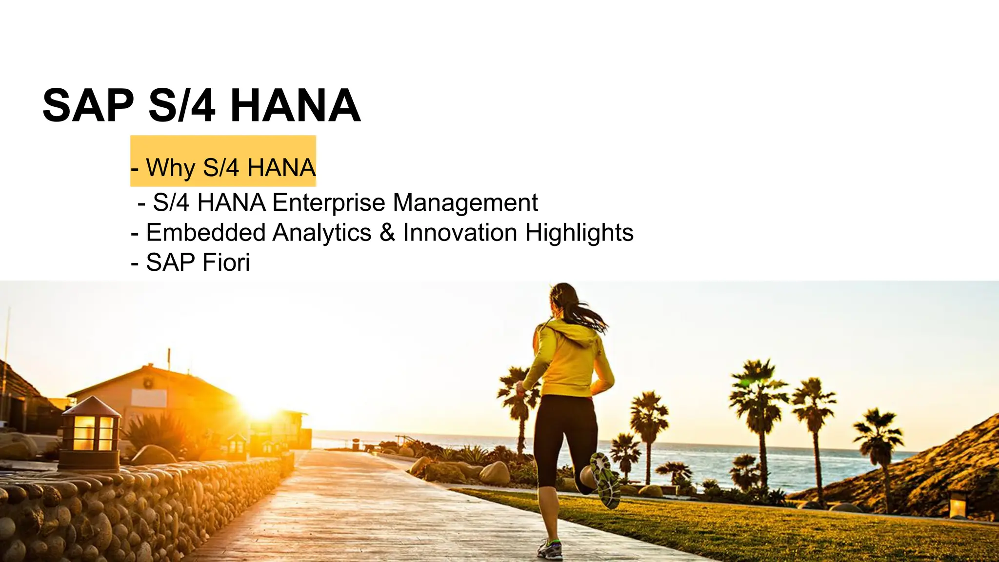 SAP S/4 HANA
- Why S/4 HANA
- S/4 HANA Enterprise Management
- Embedded Analytics & Innovation Highlights
- SAP Fiori
 