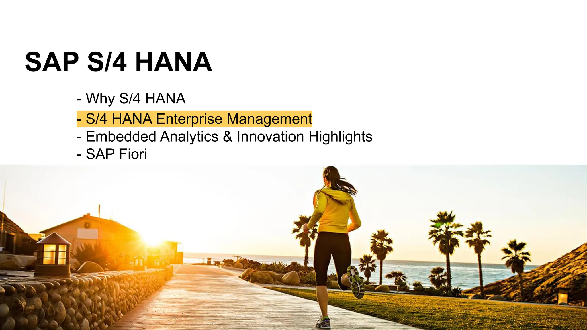 SAP S/4 HANA
- Why S/4 HANA
- S/4 HANA Enterprise Management
- Embedded Analytics & Innovation Highlights
- SAP Fiori
 