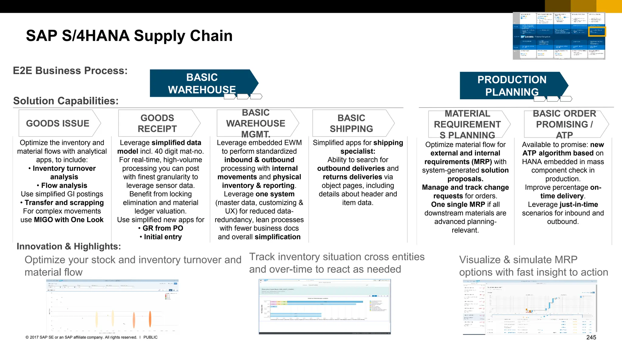 245
PUBLIC
© 2017 SAP SE or an SAP affiliate company. All rights reserved. ǀ
SAP S/4HANA Supply Chain
Optimize your stock and inventory turnover and
material flow
Track inventory situation cross entities
and over-time to react as needed
PRODUCTION
PLANNING
Solution Capabilities:
E2E Business Process:
GOODS ISSUE
GOODS
RECEIPT
BASIC
WAREHOUSE
MGMT.
BASIC
SHIPPING
MATERIAL
REQUIREMENT
S PLANNING
BASIC ORDER
PROMISING /
ATP
Innovation & Highlights:
Visualize & simulate MRP
options with fast insight to action
INVENTORY &
BASIC
WAREHOUSE
MGMT
Optimize the inventory and
material flows with analytical
apps, to include:
• Inventory turnover
analysis
• Flow analysis
Use simplified GI postings
• Transfer and scrapping
For complex movements
use MIGO with One Look
Leverage simplified data
model incl. 40 digit mat-no.
For real-time, high-volume
processing you can post
with finest granularity to
leverage sensor data.
Benefit from locking
elimination and material
ledger valuation.
Use simplified new apps for
• GR from PO
• Initial entry
Leverage embedded EWM
to perform standardized
inbound & outbound
processing with internal
movements and physical
inventory & reporting.
Leverage one system
(master data, customizing &
UX) for reduced data-
redundancy, lean processes
with fewer business docs
and overall simplification
Simplified apps for shipping
specialist:
Ability to search for
outbound deliveries and
returns deliveries via
object pages, including
details about header and
item data.
Optimize material flow for
external and internal
requirements (MRP) with
system-generated solution
proposals.
Manage and track change
requests for orders.
One single MRP if all
downstream materials are
advanced planning-
relevant.
Available to promise: new
ATP algorithm based on
HANA embedded in mass
component check in
production.
Improve percentage on-
time delivery.
Leverage just-in-time
scenarios for inbound and
outbound.
 