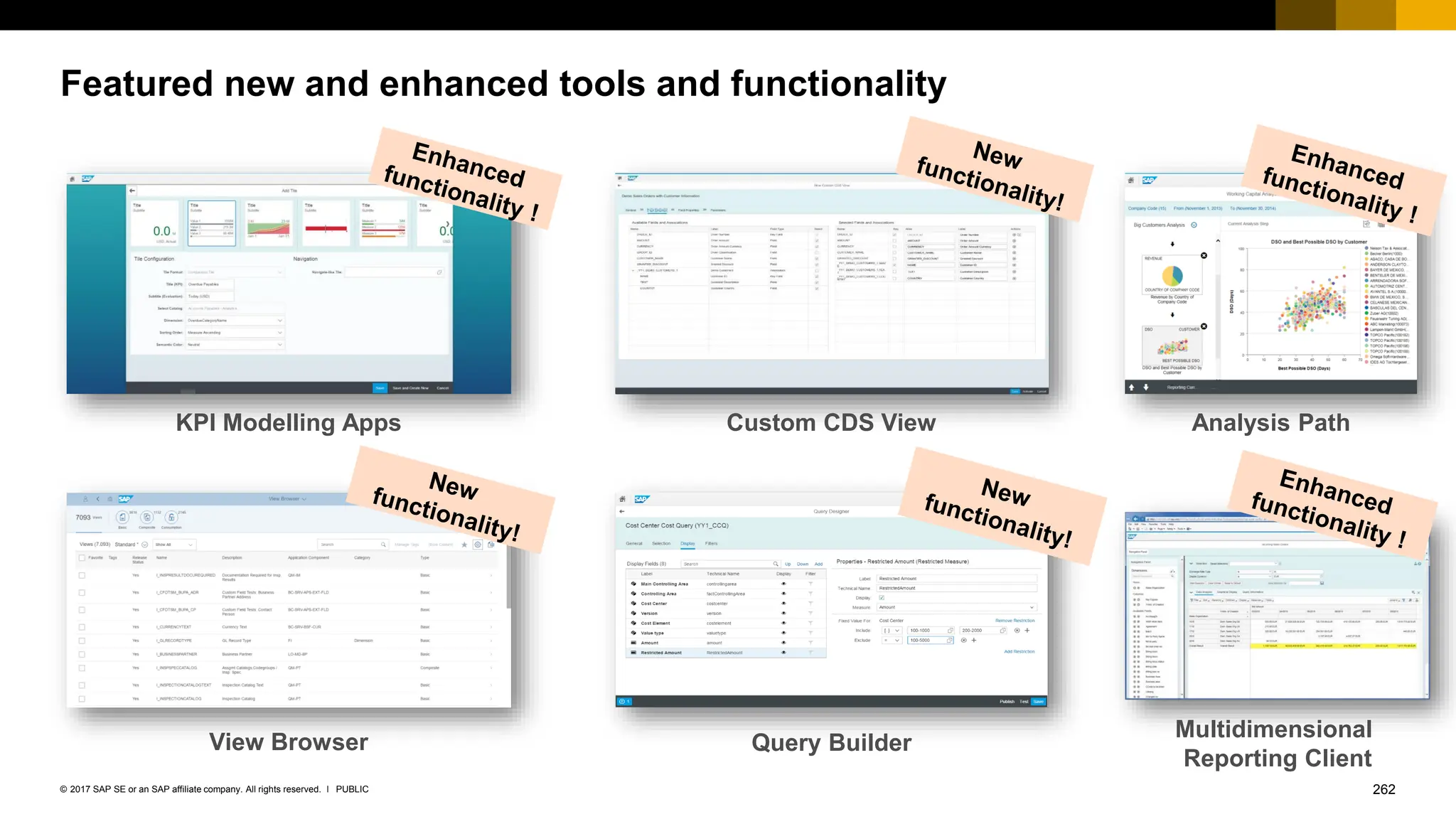 262
PUBLIC
© 2017 SAP SE or an SAP affiliate company. All rights reserved. ǀ
Featured new and enhanced tools and functionality
View Browser
Custom CDS View
KPI Modelling Apps
Query Builder
Analysis Path
Multidimensional
Reporting Client
 