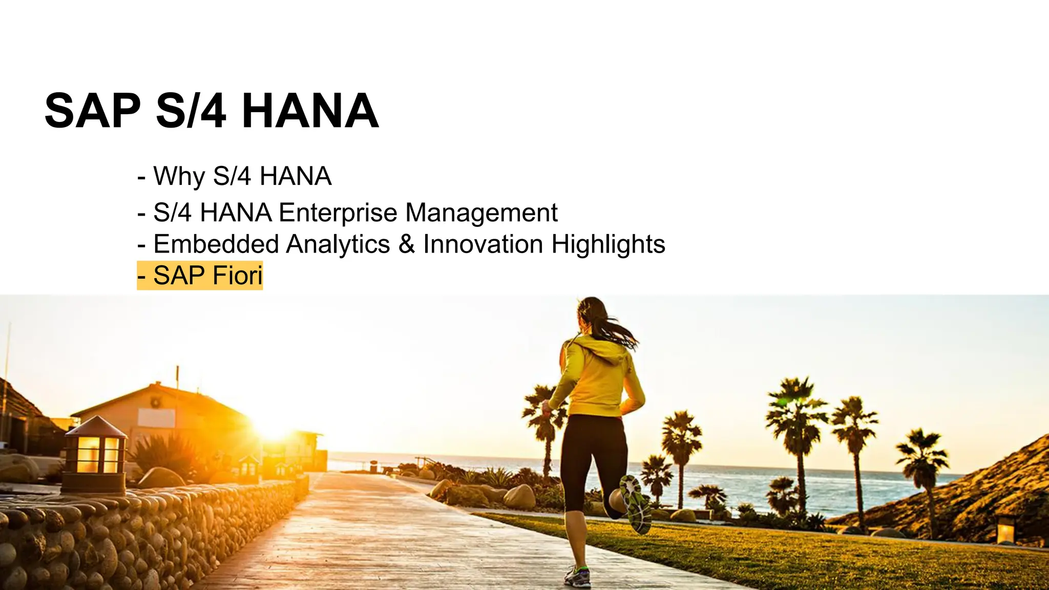 SAP S/4 HANA
- Why S/4 HANA
- S/4 HANA Enterprise Management
- Embedded Analytics & Innovation Highlights
- SAP Fiori
 