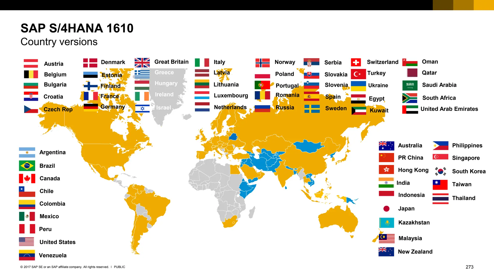 273
PUBLIC
© 2017 SAP SE or an SAP affiliate company. All rights reserved. ǀ
SAP S/4HANA 1610
Country versions
Brazil
United States
Canada
Chile
Venezuela
Mexico
Peru
Argentina
Colombia
United Arab Emirates
France
Netherlands
Belgium
Great Britain
Germany
Luxembourg
Switzerland
Croatia Romania
Poland
Norway
Bulgaria
Austria
Greece
Denmark
Slovakia
Ukraine
Ireland
Italy
Israel
Turkey
Finland Lithuania
Spain
Sweden
Russia
Portugal
Czech Rep
Estonia Latvia
Serbia
Hungary
Oman
Saudi Arabia
South Africa
Egypt
Qatar
Kuwait
Slovenia
Singapore
Philippines
South Korea
Taiwan
Thailand
Hong Kong
Malaysia
PR China
Australia
Japan
India
Kazakhstan
Indonesia
New Zealand
 