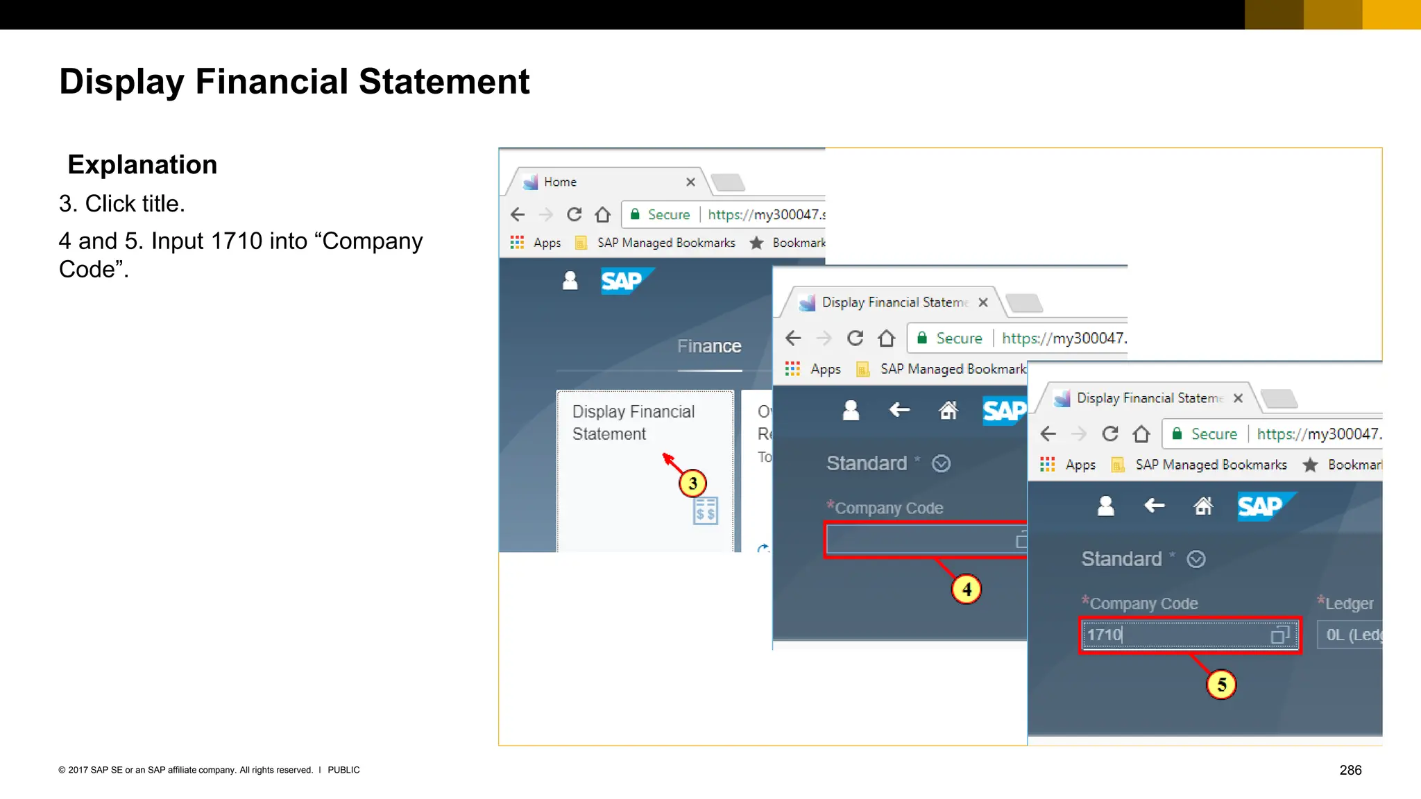 286
PUBLIC
© 2017 SAP SE or an SAP affiliate company. All rights reserved. ǀ
Display Financial Statement
Explanation
3. Click title.
4 and 5. Input 1710 into “Company
Code”.
 
