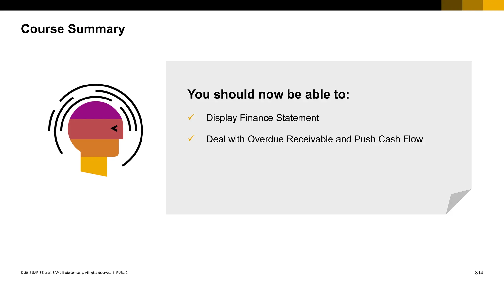 314
PUBLIC
© 2017 SAP SE or an SAP affiliate company. All rights reserved. ǀ
Course Summary
You should now be able to:
✓ Display Finance Statement
✓ Deal with Overdue Receivable and Push Cash Flow
 