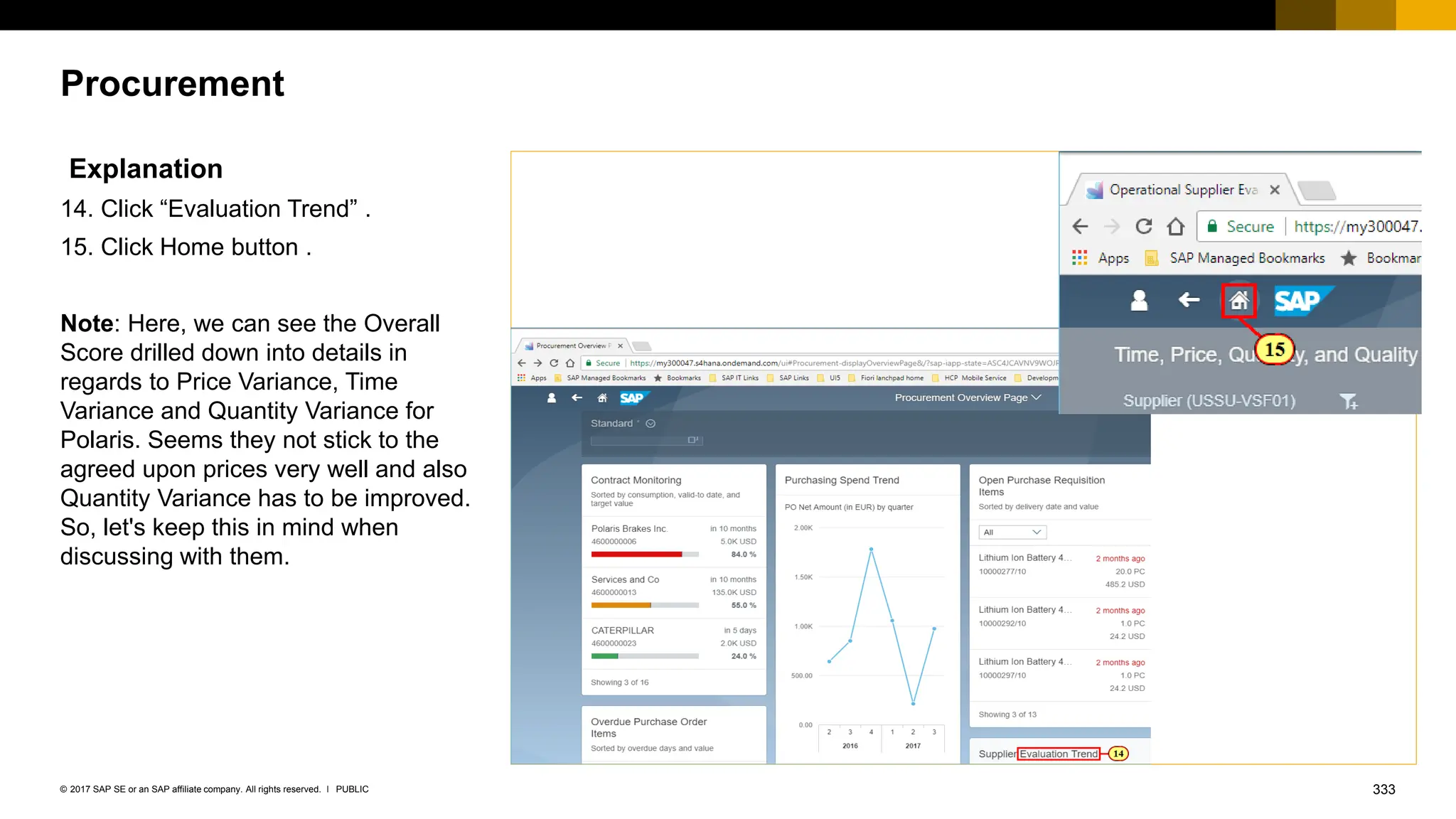 333
PUBLIC
© 2017 SAP SE or an SAP affiliate company. All rights reserved. ǀ
Procurement
Explanation
14. Click “Evaluation Trend” .
15. Click Home button .
Note: Here, we can see the Overall
Score drilled down into details in
regards to Price Variance, Time
Variance and Quantity Variance for
Polaris. Seems they not stick to the
agreed upon prices very well and also
Quantity Variance has to be improved.
So, let's keep this in mind when
discussing with them.
 
