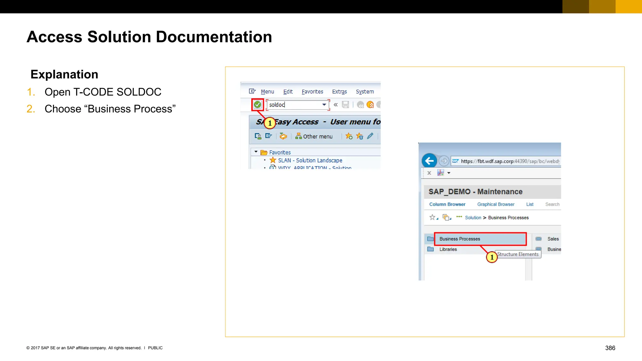 386
PUBLIC
© 2017 SAP SE or an SAP affiliate company. All rights reserved. ǀ
Access Solution Documentation
Explanation
1. Open T-CODE SOLDOC
2. Choose “Business Process”
 