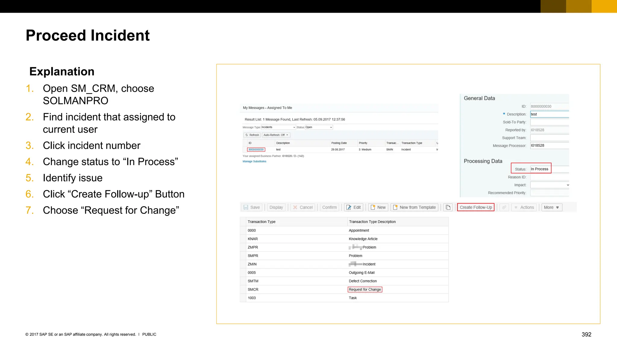 392
PUBLIC
© 2017 SAP SE or an SAP affiliate company. All rights reserved. ǀ
Proceed Incident
Explanation
1. Open SM_CRM, choose
SOLMANPRO
2. Find incident that assigned to
current user
3. Click incident number
4. Change status to “In Process”
5. Identify issue
6. Click “Create Follow-up” Button
7. Choose “Request for Change”
 
