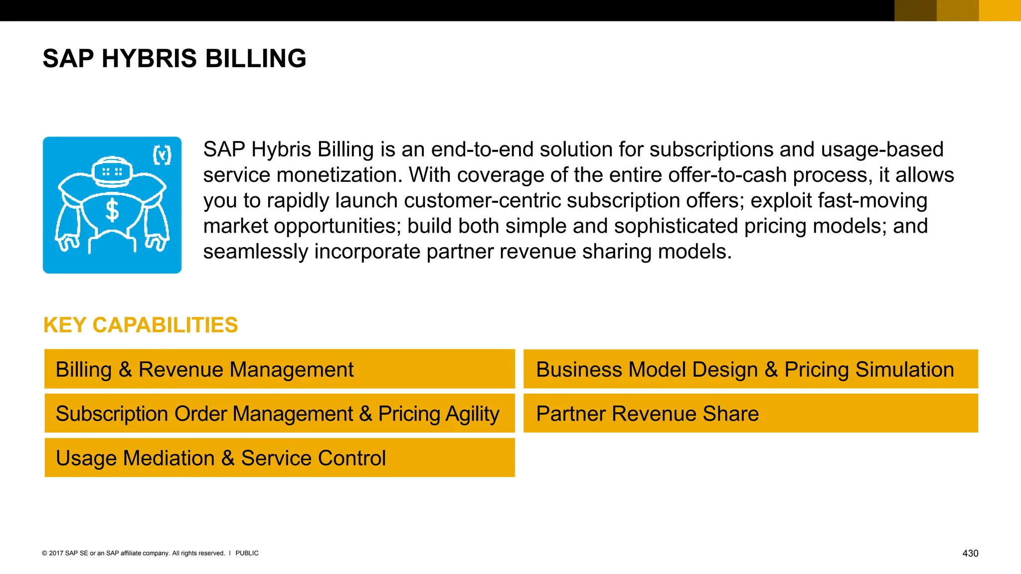 430
PUBLIC
© 2017 SAP SE or an SAP affiliate company. All rights reserved. ǀ
SAP Hybris Billing is an end-to-end solution for subscriptions and usage-based
service monetization. With coverage of the entire offer-to-cash process, it allows
you to rapidly launch customer-centric subscription offers; exploit fast-moving
market opportunities; build both simple and sophisticated pricing models; and
seamlessly incorporate partner revenue sharing models.
SAP HYBRIS BILLING
Billing & Revenue Management
Subscription Order Management & Pricing Agility
Usage Mediation & Service Control
Partner Revenue Share
Business Model Design & Pricing Simulation
KEY CAPABILITIES
 