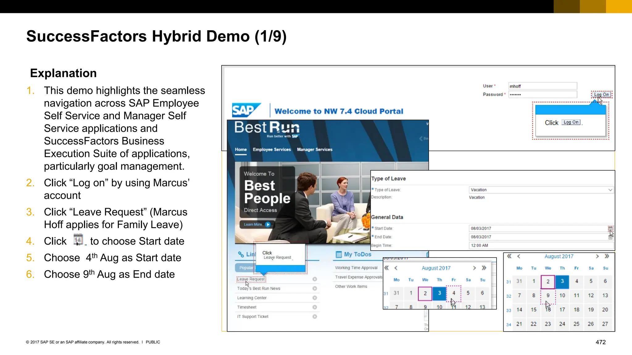 472
PUBLIC
© 2017 SAP SE or an SAP affiliate company. All rights reserved. ǀ
SuccessFactors Hybrid Demo (1/9)
Explanation
1. This demo highlights the seamless
navigation across SAP Employee
Self Service and Manager Self
Service applications and
SuccessFactors Business
Execution Suite of applications,
particularly goal management.
2. Click “Log on” by using Marcus’
account
3. Click “Leave Request” (Marcus
Hoff applies for Family Leave)
4. Click to choose Start date
5. Choose 4th Aug as Start date
6. Choose 9th Aug as End date
 