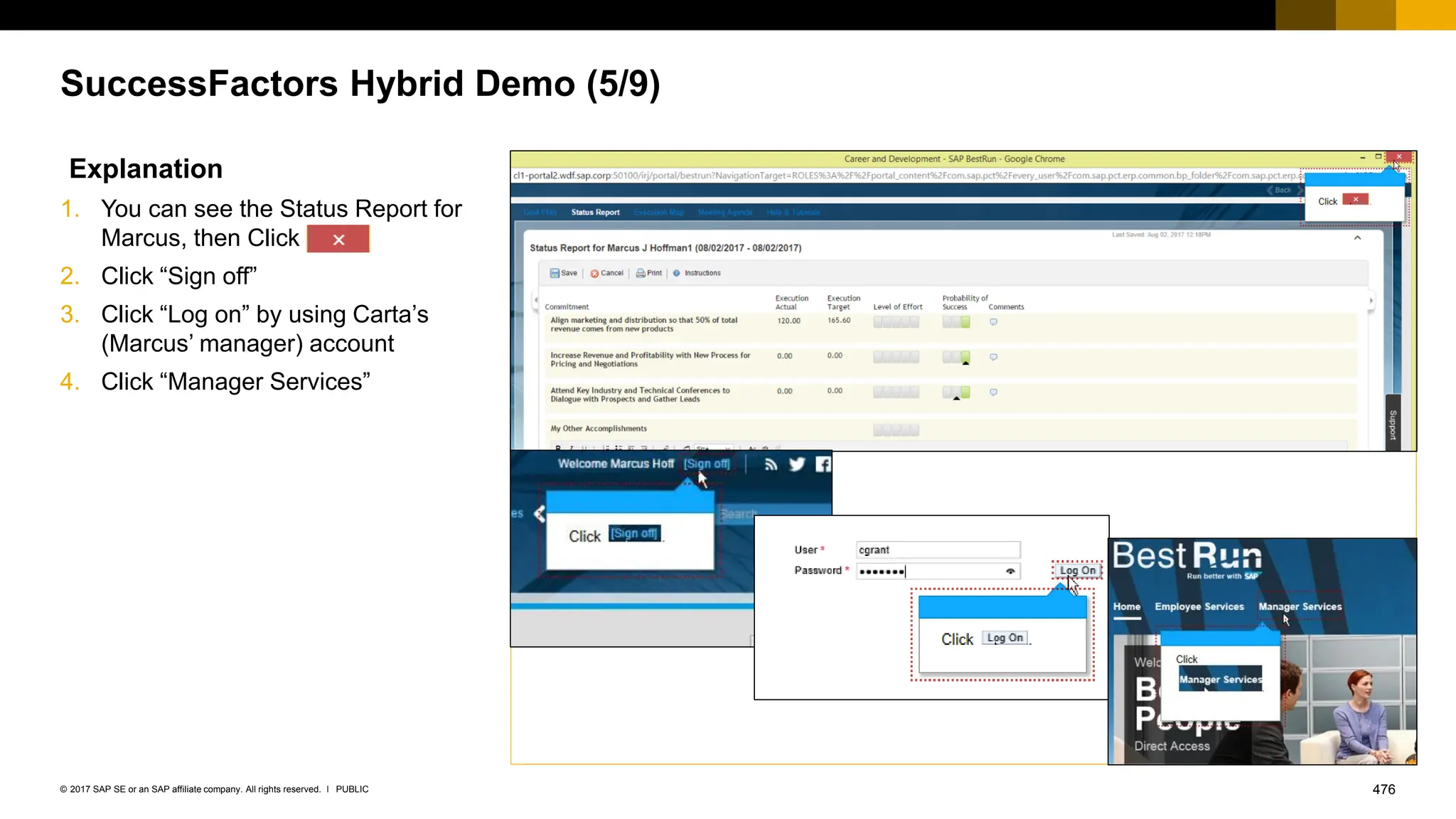 476
PUBLIC
© 2017 SAP SE or an SAP affiliate company. All rights reserved. ǀ
SuccessFactors Hybrid Demo (5/9)
Explanation
1. You can see the Status Report for
Marcus, then Click
2. Click “Sign off”
3. Click “Log on” by using Carta’s
(Marcus’ manager) account
4. Click “Manager Services”
 