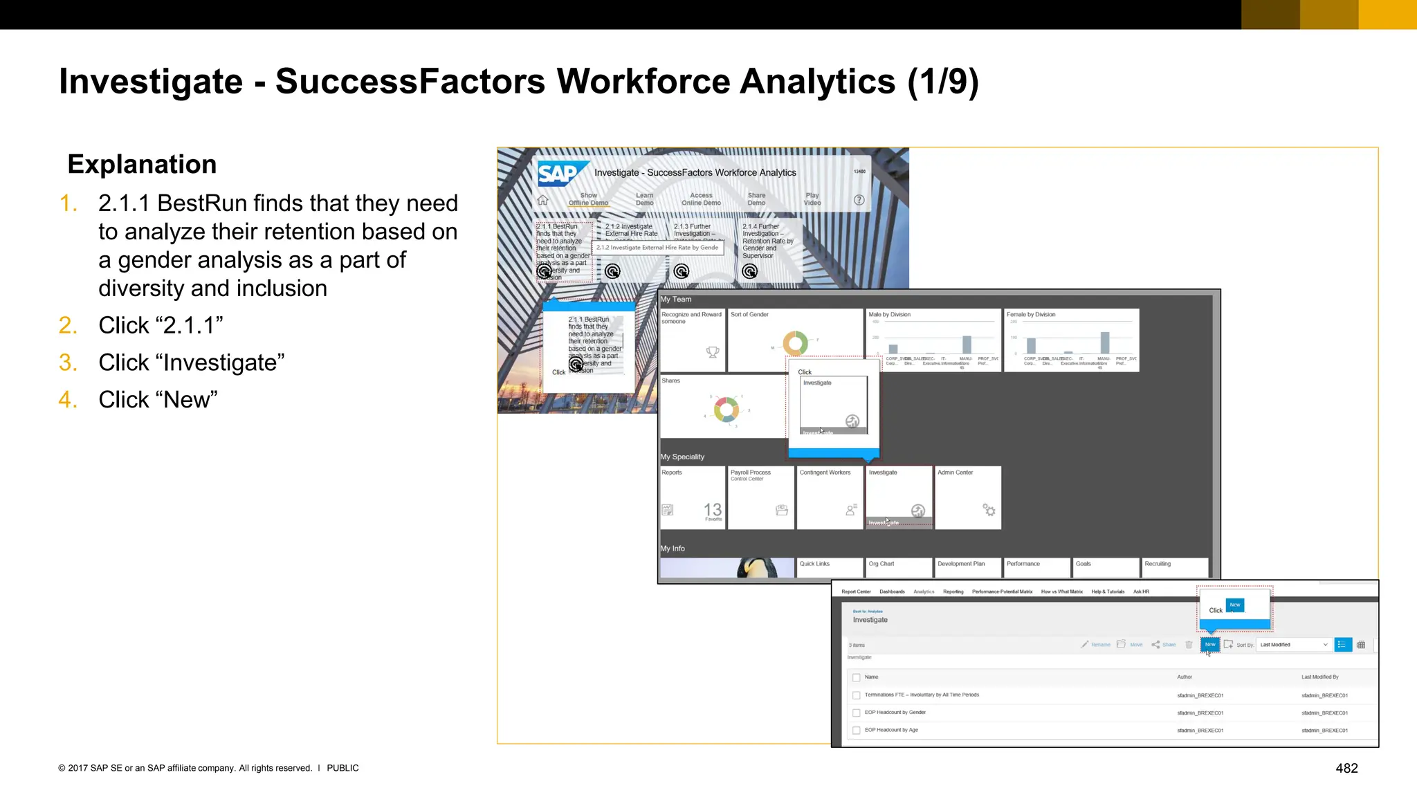 482
PUBLIC
© 2017 SAP SE or an SAP affiliate company. All rights reserved. ǀ
Investigate - SuccessFactors Workforce Analytics (1/9)
Explanation
1. 2.1.1 BestRun finds that they need
to analyze their retention based on
a gender analysis as a part of
diversity and inclusion
2. Click “2.1.1”
3. Click “Investigate”
4. Click “New”
 