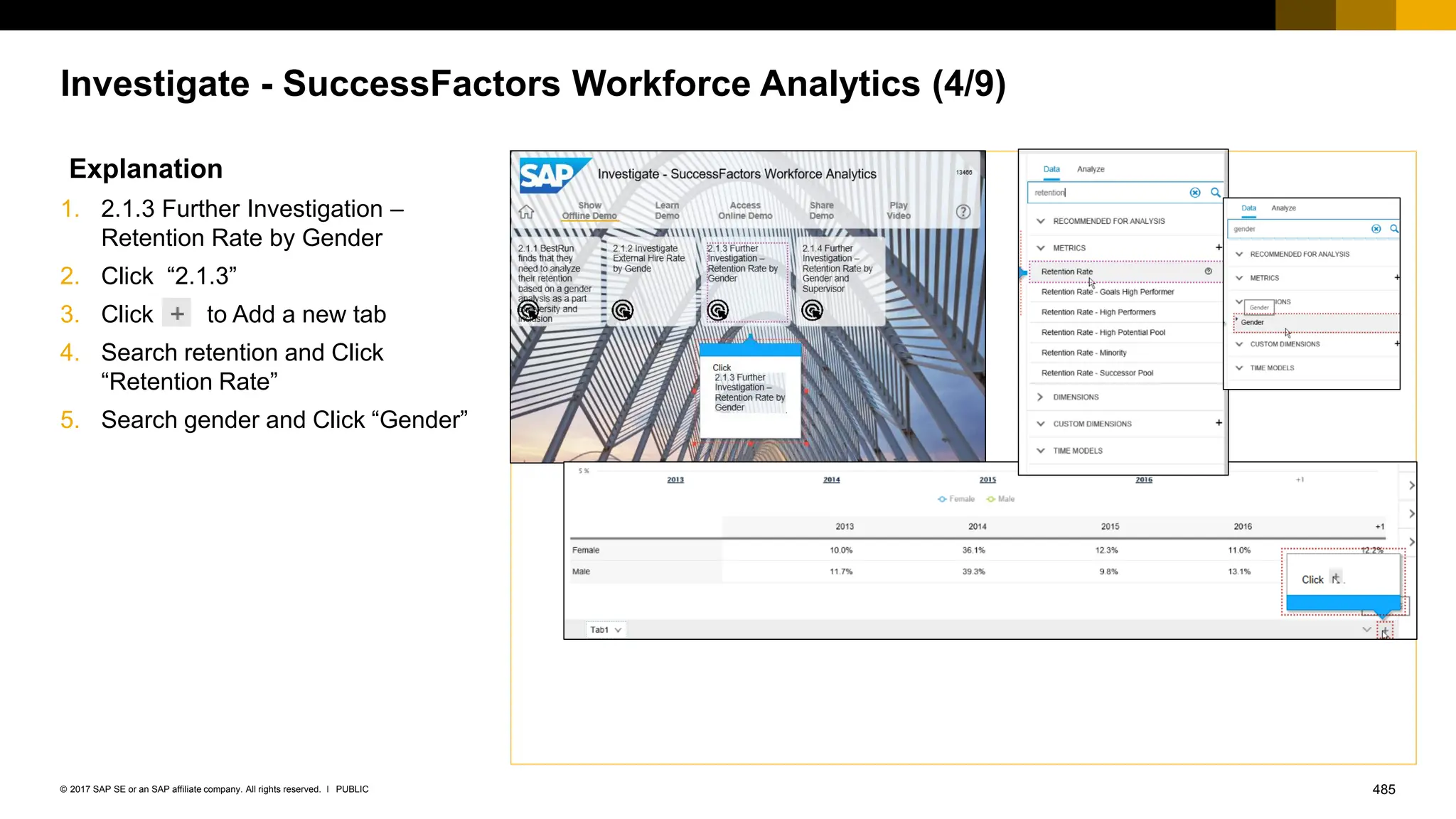 485
PUBLIC
© 2017 SAP SE or an SAP affiliate company. All rights reserved. ǀ
Investigate - SuccessFactors Workforce Analytics (4/9)
Explanation
1. 2.1.3 Further Investigation –
Retention Rate by Gender
2. Click “2.1.3”
3. Click to Add a new tab
4. Search retention and Click
“Retention Rate”
5. Search gender and Click “Gender”
 
