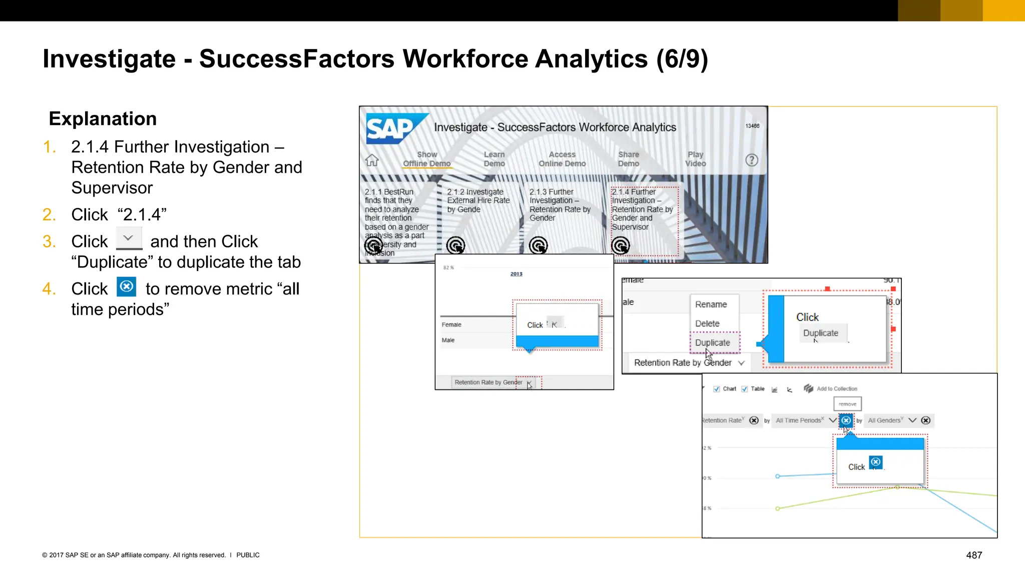 487
PUBLIC
© 2017 SAP SE or an SAP affiliate company. All rights reserved. ǀ
Investigate - SuccessFactors Workforce Analytics (6/9)
Explanation
1. 2.1.4 Further Investigation –
Retention Rate by Gender and
Supervisor
2. Click “2.1.4”
3. Click and then Click
“Duplicate” to duplicate the tab
4. Click to remove metric “all
time periods”
 